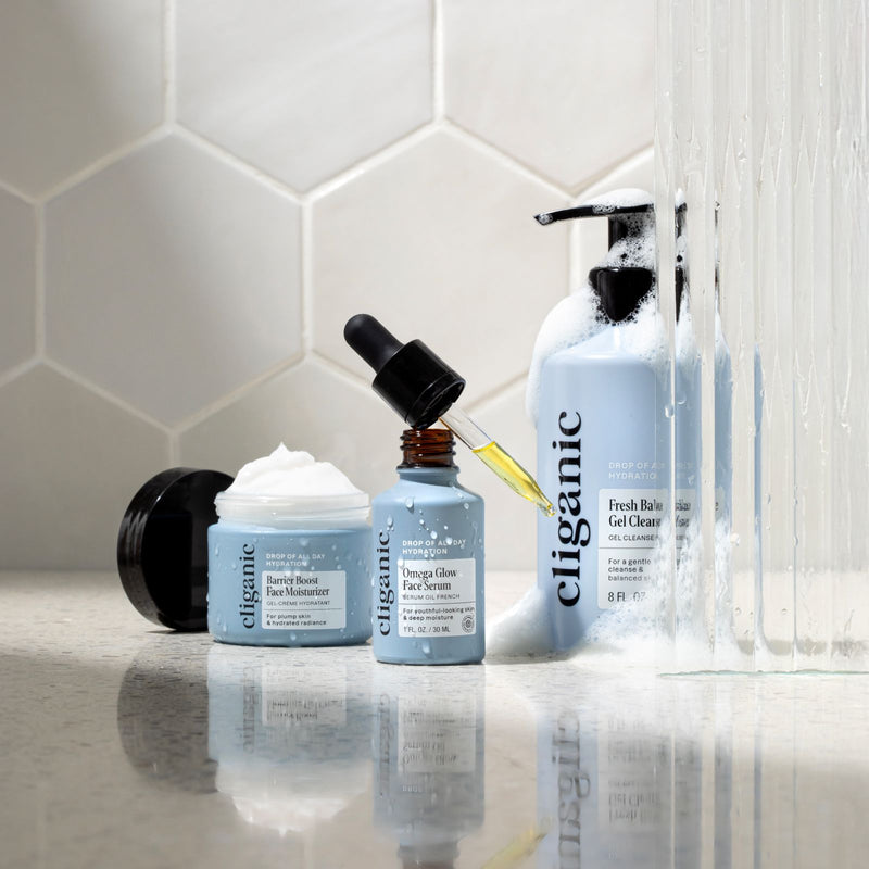 3-step face routine skincare products displayed with a clean and minimalist bathroom setting