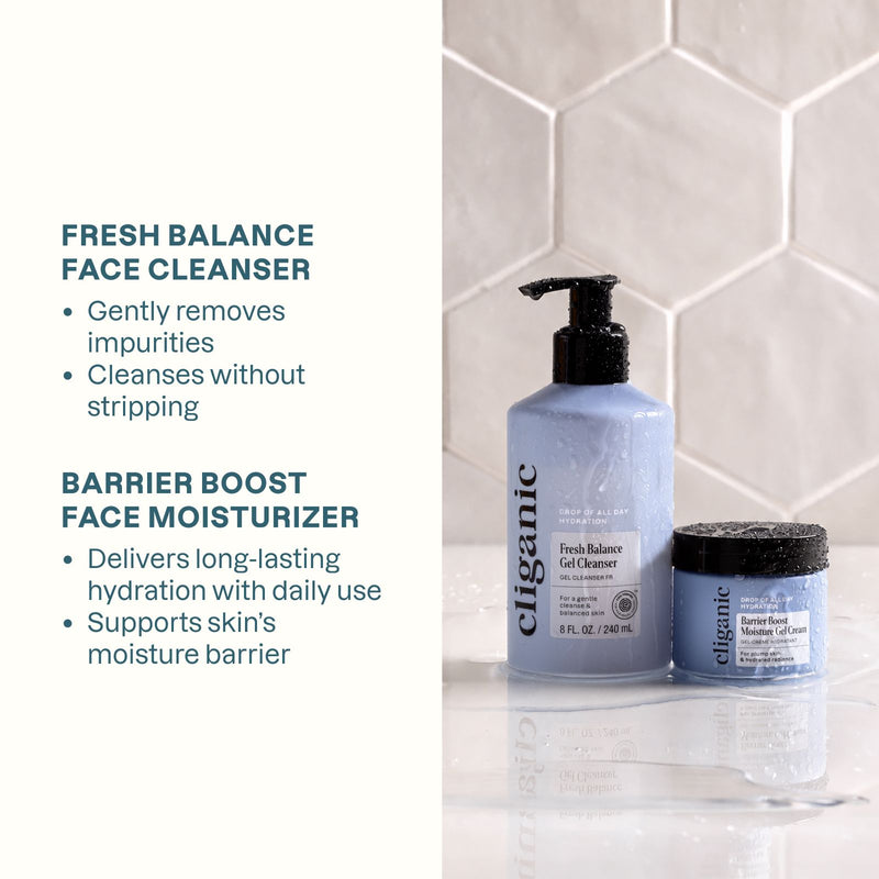 Cliganic Balance Duo cleanser and moisturizer displayed in a clean bathroom-inspired setting