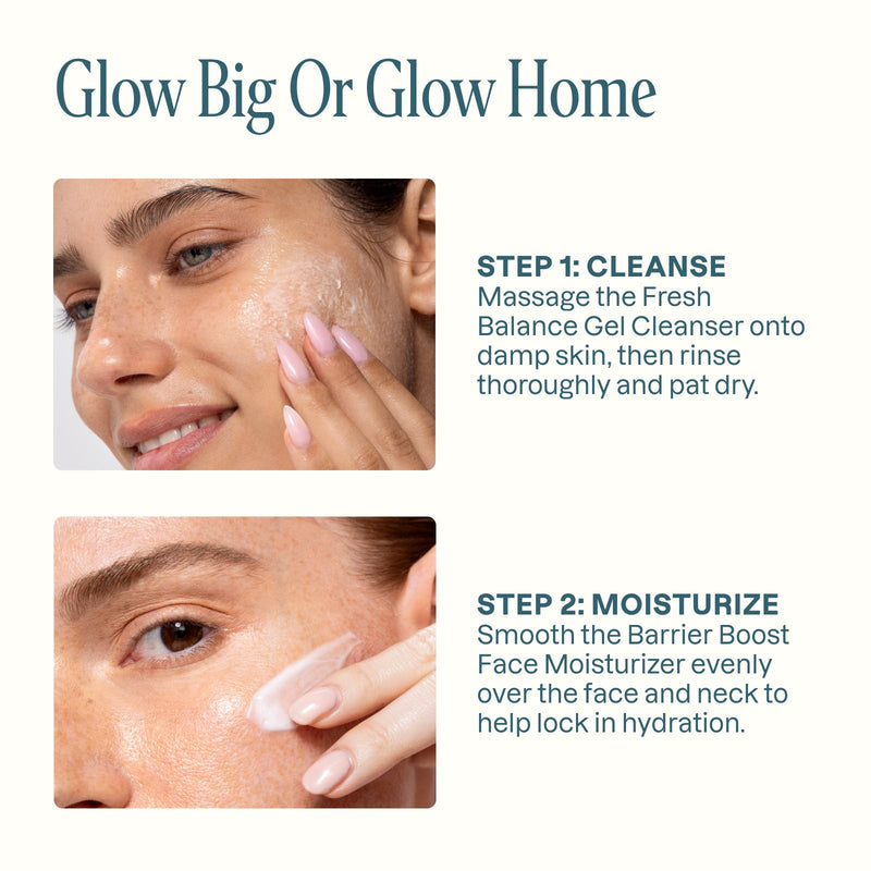 Woman using Cliganic Balance Duo cleanser and moisturizer for a simple skincare routine
