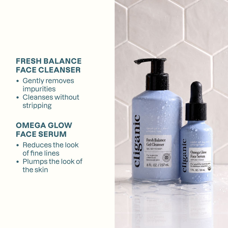Cliganic Glow Duo cleanser and serum with product packaging highlighting gentle skincare benefits