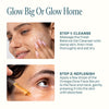 Woman showing glowing skin alongside Cliganic Glow Duo cleanser and serum skincare products