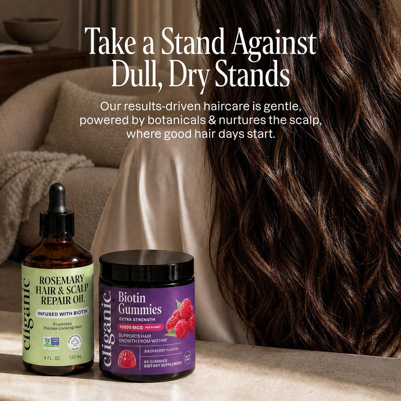 The Grow Your Glow hair growth products displayed beside long brown hair