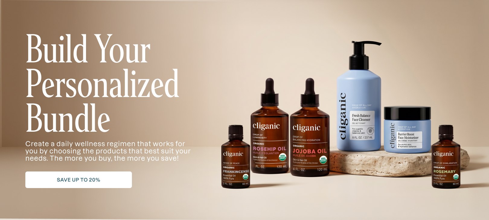 Ciganic products including bottles and jars on a beige background with promotional text.