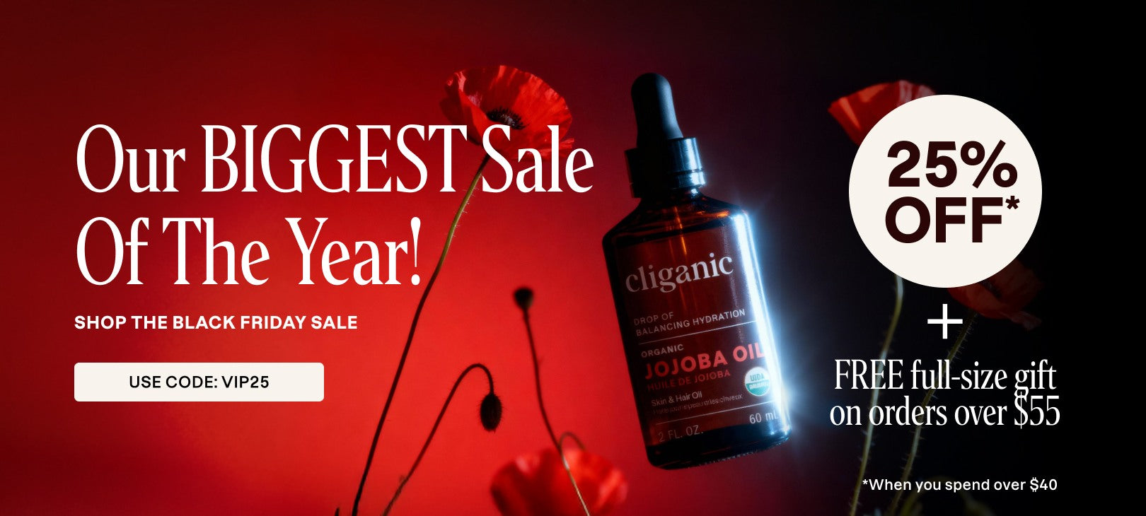 Cliganic jojoba oil bottle with red flowers on a dark red background, promoting a Black Friday sale.