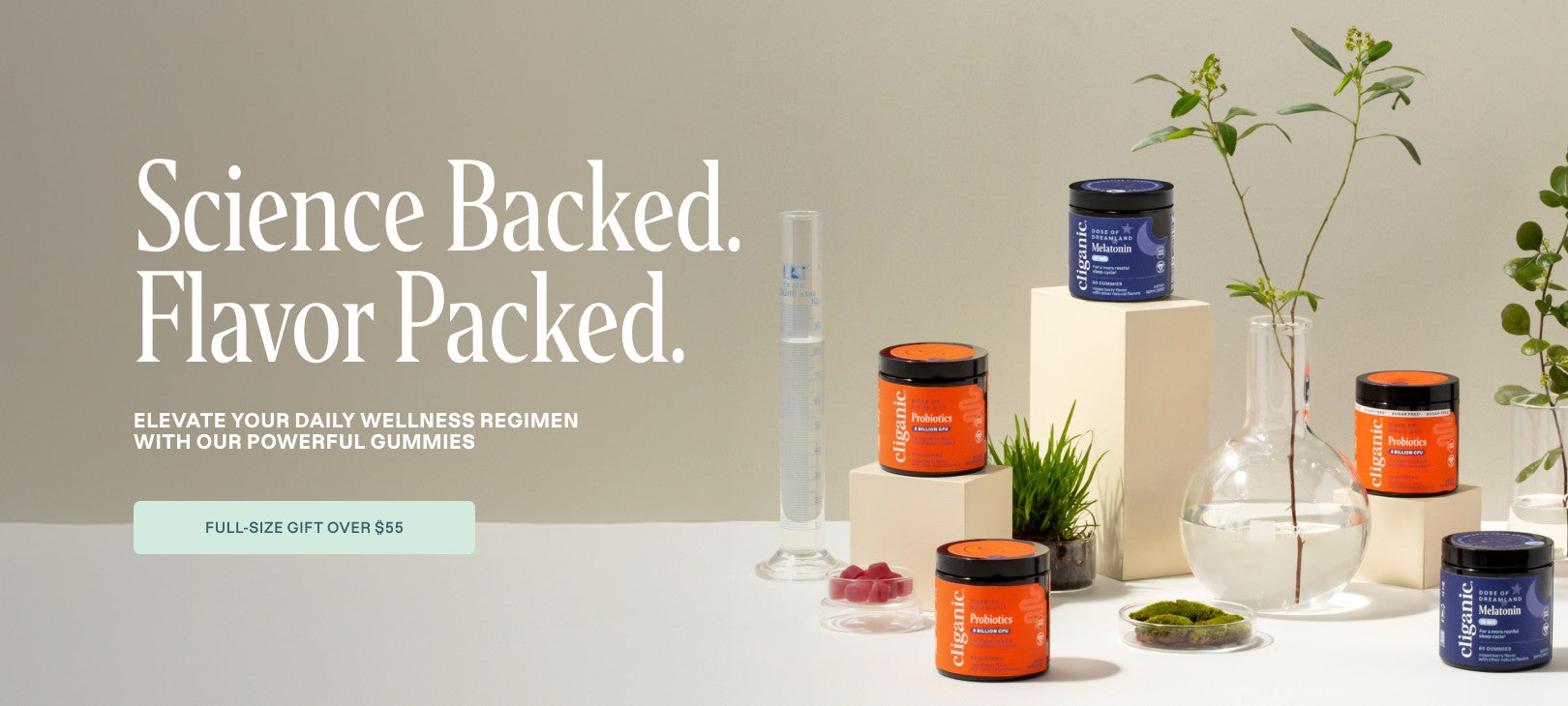 Wellness product display with text 'Science Backed. Flavor Packed.' on a neutral background.