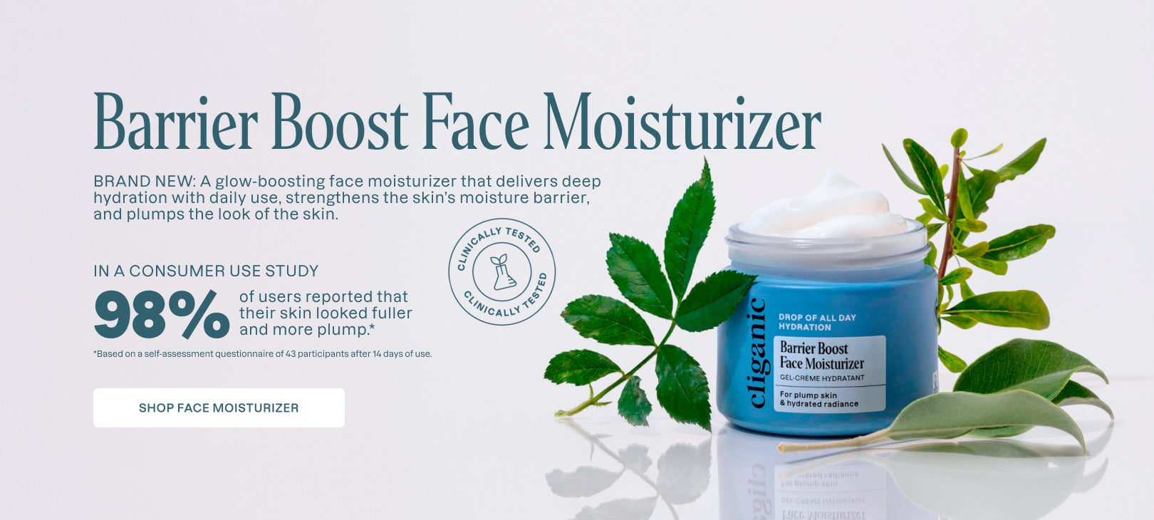 Cliganic Barrier Boost Face Moisturizer with green leaves on a light background
