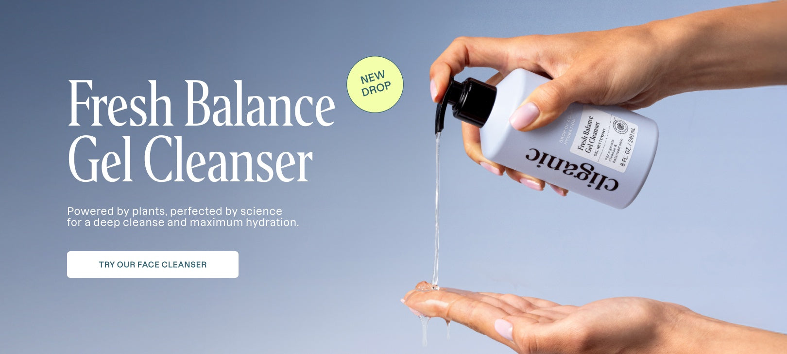 Hand holding a bottle of 'Fresh Balance Gel Cleanser' with text on a blue background