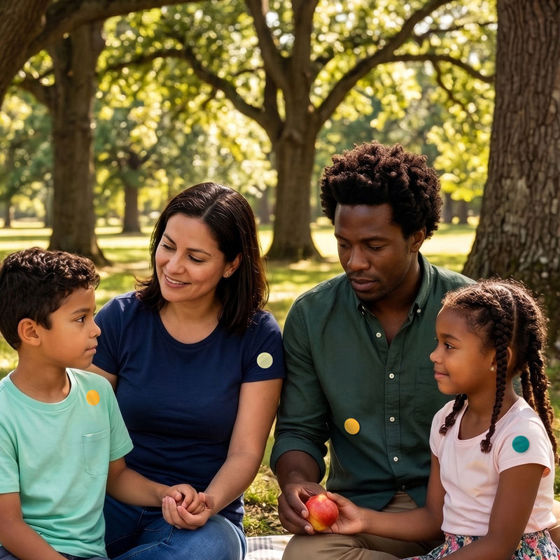 A family of four sits together outdoors in a park with trees in the background. The mother wears a navy blue t-shirt with a small yellow circle patch on the sleeve, the father wears a dark green button-up shirt with a matching patch, and the children wear light green and white shirts with colored patches.