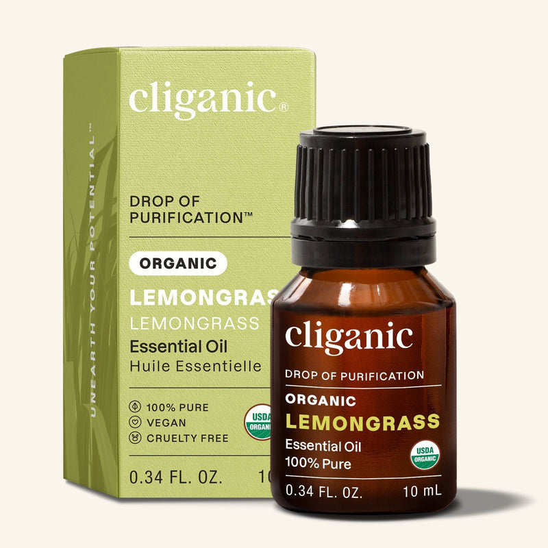 Cliganic 100% Pure Organic Lavender Essential Oil bottle with dropper cap displayed against a clean white background.