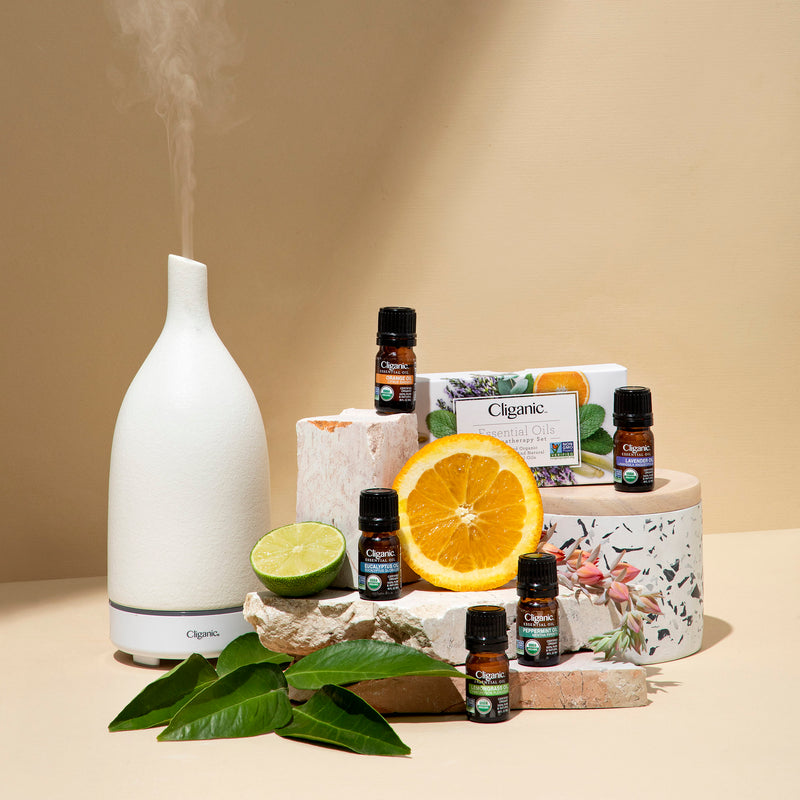  Cliganic Organic Essential Oils Set (Top 5) + White Ceramic  Diffuser : Health & Household