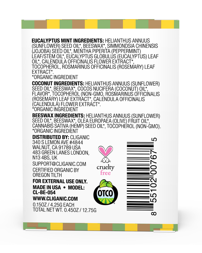 Cliganic Organic Lip Balm Set, 3 Flavors