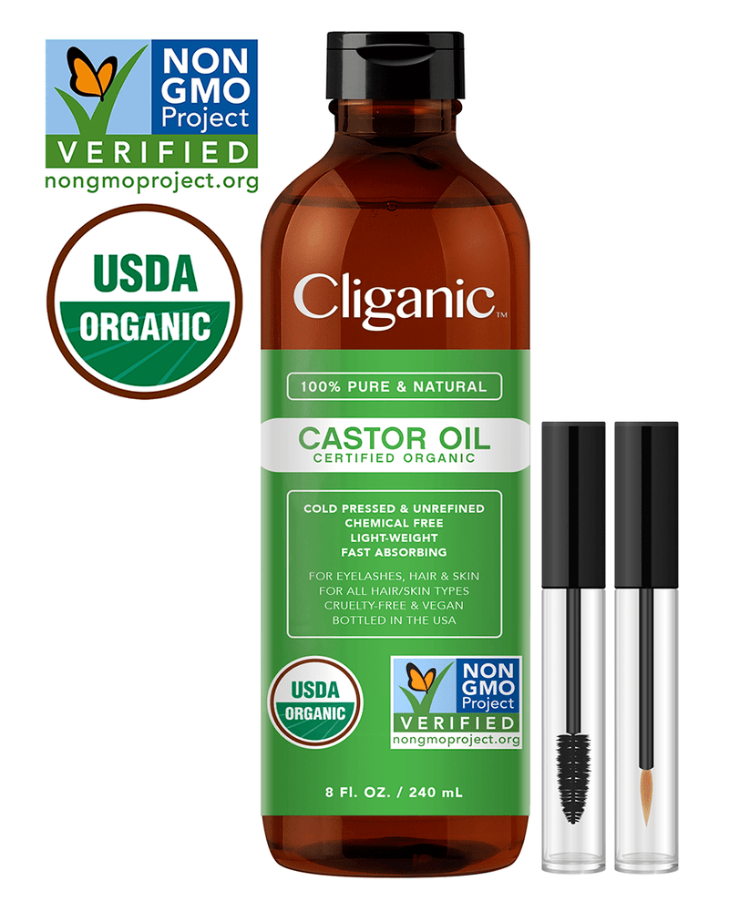 Cliganic 100% Pure Organic Castor Oil with Eyelash Kit 8oz